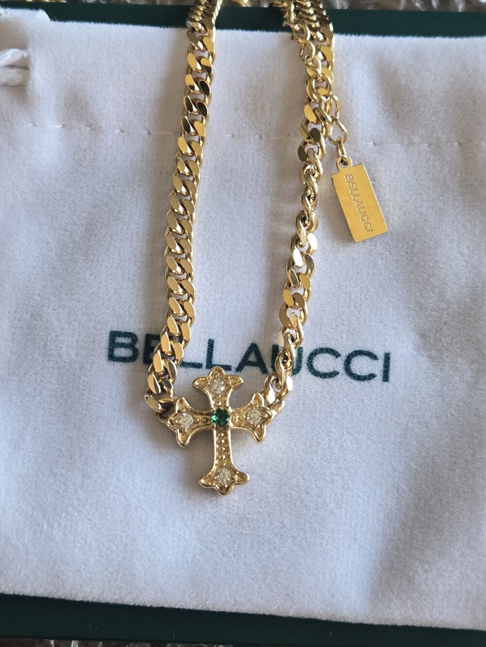 Bellaucci 14k Gold Cross Necklace and Chain Bracelet - Gold with Green Accent